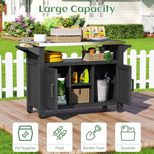 Bifanuo Resin Outdoor Grill Cart, Outdoor Kitchen Island with Stainless Steel Top & Storage Cabinet for Kitchen Prep, Weatherproof Grill Table for BBQ Food Prep, Black