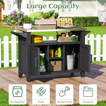 Bifanuo Resin Outdoor Grill Cart, Outdoor Kitchen Island with Stainless Steel Top & Storage Cabinet for Kitchen Prep, Weatherproof Grill Table for BBQ Food Prep, Black