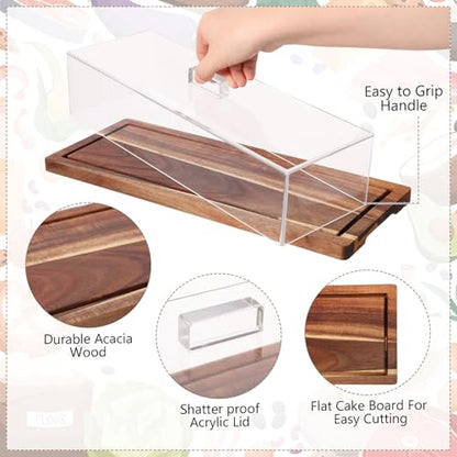 Mifoci 2 Pack Acacia Wood Cake Stand Serving Tray with Acrylic Lid, 15 x 6 x 4 Inches Charcuterie Table Display Set, Dessert Serving Tray Set for Bakery, Buffet, Home Party & Restaurant