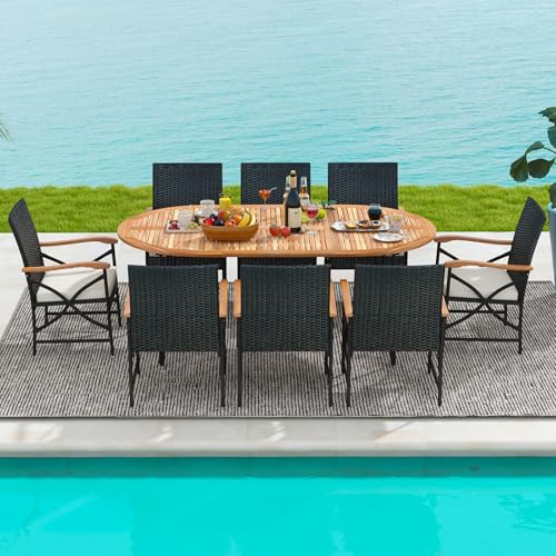 Tangkula 9 Pieces Patio Rattan Dining Set, Outdoor Oval Acacia Wood Dining Table and 8 Patio Wicker Armchairs Set with Umbrella Hole, Cushions, Metal Frame, Outdoor Dining Furniture Set for Garden