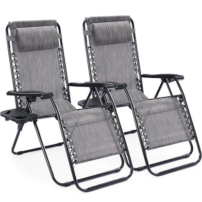 NEWBULIG Zero Gravity Chair Set of 2, Lounge Chair Folding Portable Adjustable Camping Reclining Chairs with Adjustable Pollow, Mesh Back, Cup Holder Trays Lawn Patio Chair for Pool Beach - Grey