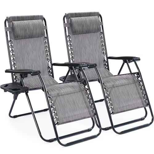 NEWBULIG Zero Gravity Chair Set of 2, Lounge Chair Folding Portable Adjustable Camping Reclining Chairs with Adjustable Pollow, Mesh Back, Cup Holder Trays Lawn Patio Chair for Pool Beach - Grey