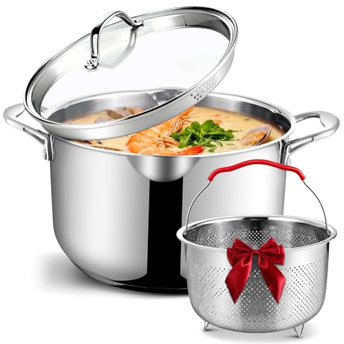 AOSION 6 Quart Stainless Steel Stock Pot with Strainer Lid & Deep Fryer Basket, Large Multipurpose Cookware for Spaghetti, Soup, Stew & Deep Frying, Compatible with All Stovetops & Oven Safe.