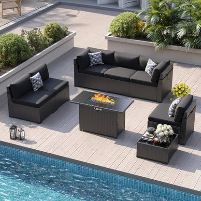 8 Piece Patio Furniture Set with 44” Fire Pit Table with Thickened Cushions