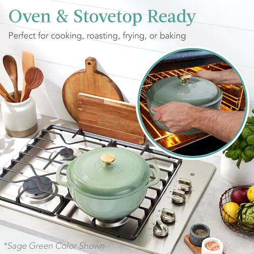 Best Choice Products 7.5 Quart Enamel Cast-Iron Round Dutch Oven, Family Style Heavy-Duty Pre-Seasoned Cookware for Home, Kitchen, Dining Room, Oven Safe w/Lid, Dual Handles - Sage Green