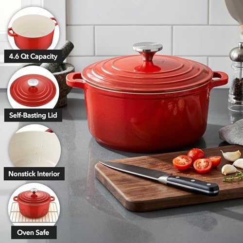 OVENTE Dutch Oven Pot with Lid, 4.6 Quart Aluminum Non-Stick Coated Cookware for Sourdough Bread Baking, Braising, Cooking Soups and More, Oven and Dishwasher Safe, Works on All Stovetops, Red DOA546R