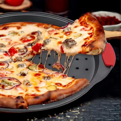 ZOEHROWS 13 Inch Pizza Pan for Oven (2 Pack) Round Pizza Pan with Holes - Non-Stick Carbon Steel Pizza Tray with Silicone Handles - for Cooking, Baking, and Grilling - Dishwasher Safe