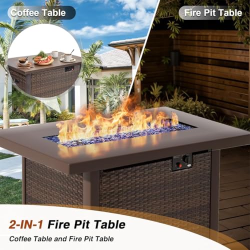 TANGJEAMER 5 Piece Patio Furniture Set with Fire Pit Table, Outdoor Sectional Sofa PE Rattan, Patio Conversation Sets with Cushions for Garden Lawn Balcony Porch Deck Black