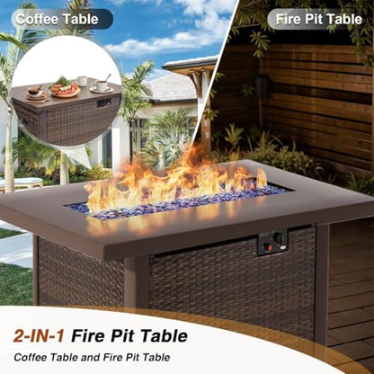 TANGJEAMER 5 Piece Patio Furniture Set with Fire Pit Table, Outdoor Sectional Sofa PE Rattan, Patio Conversation Sets with Cushions for Garden Lawn Balcony Porch Deck Black