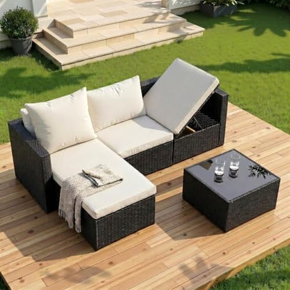 Shintenchi Outdoor Sectional Patio Furniture Set 4-Piece, All-Weather PE Rattan Sofa Couch with Cushions & Storage Coffee Table for Yard, Garden, Porch, Poolside (Beige)
