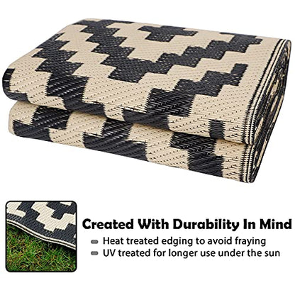 SAND MINE Waterproof Outdoor Rug 5x8 ft, Plastic Reversible Rug, Modern Area Rug, Large Floor Mat for Outdoors, RV, Patio, Backyard, Deck, Picnic, Beach, Camping, Black & Beige