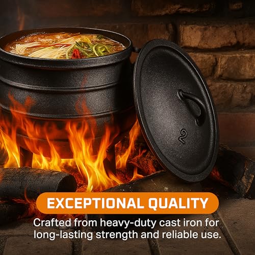 Bruntmor 8-Quart Pre-Seasoned Cast Iron Cauldron - African Potjie Pot with Lid - 3-Legged Pot for Even Heat Distribution - Outdoor Cast Iron Dutch Oven Cookware for Campfire Cooking and Boiling