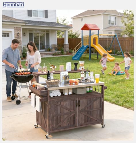 Hennhari Outdoor Kitchen Island with Stainless Steel Top & Raised Shelf, Rolling Grill Cart with Spice & Towel Rack, Outdoor Island Table with Storage Cabinet & Hooks (Brown)