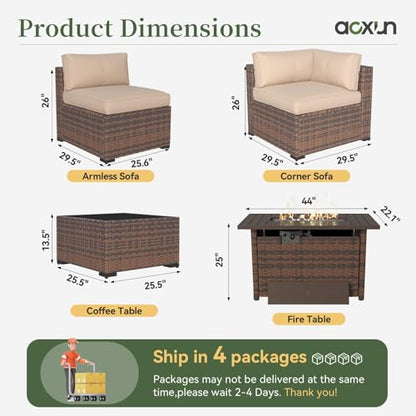 Aoxun 11 Piece Patio Furniture Set with 44" Fire Pit Table Wicker Rattan