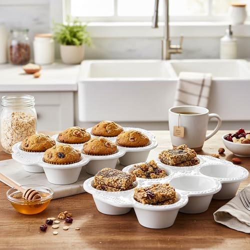 Hiceeden 2 Pack 6-Cup Ceramic Muffin Pan, Nonstick Cupcake Baking Pans with Handle, Ceramic Muffin Tin with Embossed Pattern for Muffin, Cupcake, White