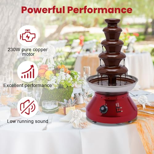 Chocolate Fountain Machine, 5 Tier Chocolate Fondue Fountain with Capability 7 lb Commercial Hot Chocolate Fondue Tower for Nacho Cheese Liqueurs Party Wedding 230W (Red)