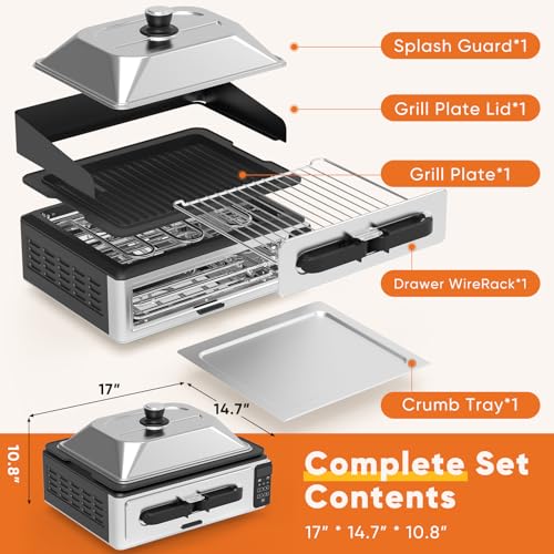 OLIXIS Electric Grill Indoor for Steak and Veggies, Smokeles Griddle with Lid for Kitchen Cooking, Countertop Oven Includes Temp Control/Grill Plate/Splash Guard/Crumb Tray, Silver