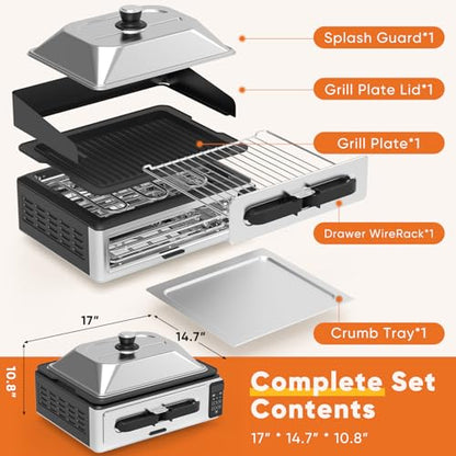 OLIXIS Electric Grill Indoor for Steak and Veggies, Smokeles Griddle with Lid for Kitchen Cooking, Countertop Oven Includes Temp Control/Grill Plate/Splash Guard/Crumb Tray, Silver
