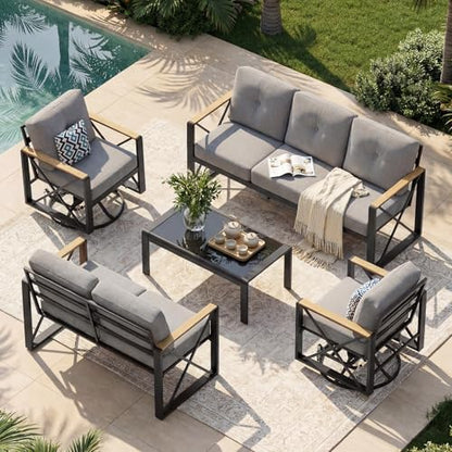 Mvpipi Aluminum Patio Furniture Set, 5 Piece Outdoor Metal Furniture Set w/Rocking Swivel Chairs, 7 Seats Balcony Conversation Sets with Coffee Table, Thick Cushions for Backyard, Poolside, Gray