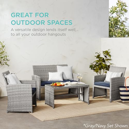 Best Choice Products 4-Piece Outdoor Wicker Patio Conversation Furniture Set for Backyard w/Coffee Table, Seat Cushions - Brown/Midnight Green