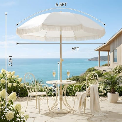 Kbrellaoutlets Patio Fringe Umbrella with UPF 50+ Protection,8 Ribs and Push Button Tilt,Outdoor Beach Umbrella For Garden, Courtyard,Pool,Outside