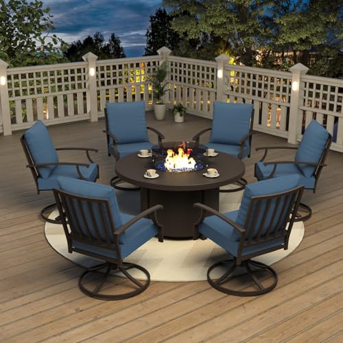 Kurapika 7 Piece Metal Outdoor Patio Furniture Set with Round Fire Pit Table, Patio Conversation Sets 6 Swivel Chairs with Thick Cushion and 40000 BTU Fire Pit Table for Deck, Navy Blue
