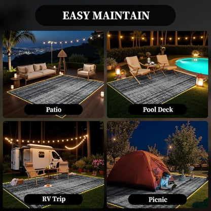 MontVoo Outdoor Rug Waterproof 9x12 ft with Strip Lights Outdoor Patio Rug Mat Reversible Plastic Straw Rug Outside Outdoor Rug for RV Camping Picnic Balcony Backyard