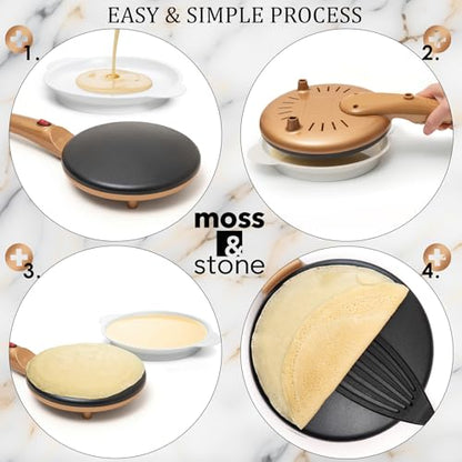 Moss & Stone Gold Electric Crepe Maker, 8" Portable Nonstick Crepe Pan