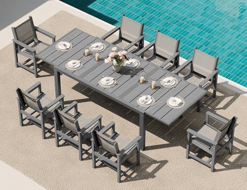 SERWALL 9-Piece Outdoor Dining Set, 60" - 83" Expandable Patio Dining Table with 8 Breathable Textilene Chairs, All Weather HDPE Patio Furniture Set, Grey