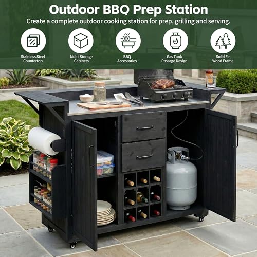 Merax 60.2''W Outdoor Kitchen Island on Wheels with Stainless Steel Top, Wood Rolling Patio Grill Cart with Storage Cabinets, Drawers, Spice Rack & Wine Rack, Outdoor Grill BBQ Prep Table, Black