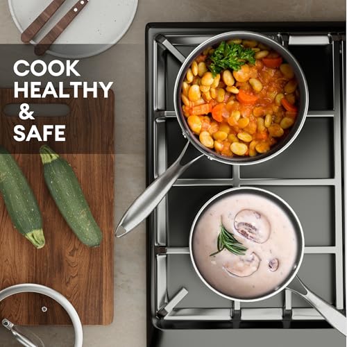COOKER KING 3 Quart Stainless Steel Saucepan with Lid, Tri-Ply Ceramic Nonstick Pot, Metal Utensil Safe, Dishwasher & Oven Safe up to 900F, Induction Cookware for All Stovetops
