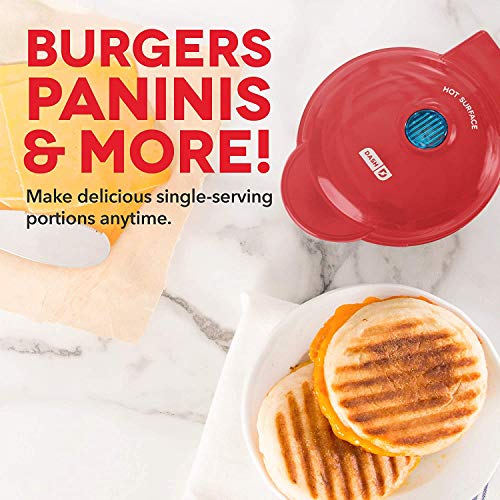 DASH Mini Maker Portable Grill Machine + Panini Press for 4" Burgers, Sliders, Sandwiches, Chicken + Other On the Go Breakfast, Lunch, or Snacks with Recipe Guide - Red
