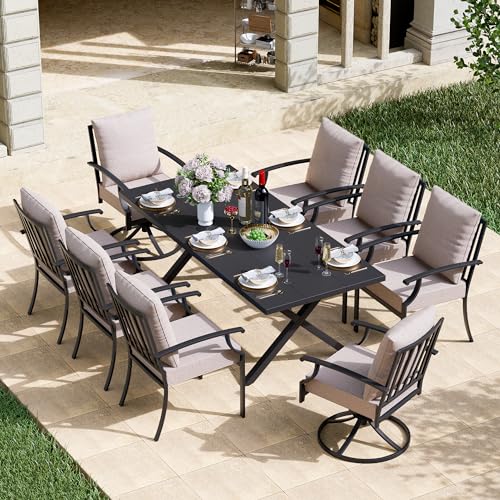 Kullavik 9 Pieces Outdoor Dining Set,Patio Dining Table and Chairs Set for 8,Fence Pattern Back Chairs with Thickened Cushions & Rectangular Metal Dining Table with Umbrella Hole for Patio,Sand