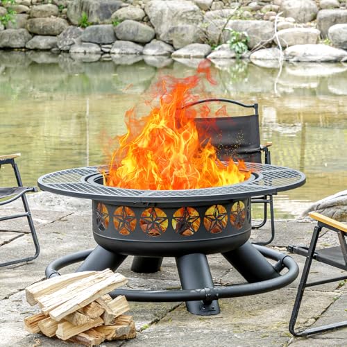 Verdeluxe 47 Inch Outdoor Fire Pit with 2 Grills, Extra Large BBQ Firepits for Outside, Metal Round Fire pits with Lid&Fire Poker,3 in 1 Wood Burning Outdoor Fireplaces for Backyard,Patio,Bonfire