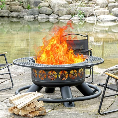 Verdeluxe 47 Inch Outdoor Fire Pit with 2 Grills, Extra Large BBQ Firepits for Outside, Metal Round Fire pits with Lid&Fire Poker,3 in 1 Wood Burning Outdoor Fireplaces for Backyard,Patio,Bonfire
