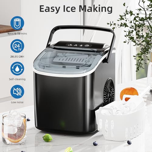 Antarctic Star Ice Maker Countertop, Portable Ice Machine with Carry Handle, 26Lbs Per Day, 9 Cubes Ready in 6 Mins, Self-Cleaning Ice Makers with Ice Scoop and Basket for Kitchen/Office/Party (Black)