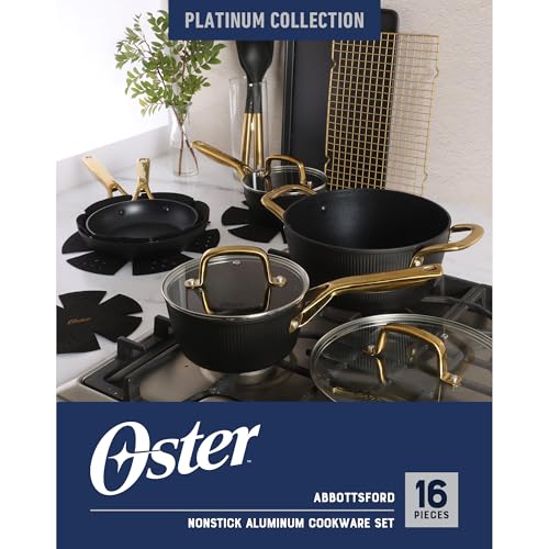 Oster Platinum Abbottsford 16 Piece Aluminum Pots and Pans PFA Free Ceramic Non stick Induction Kitchen Cookware Set - Black W/Gold
