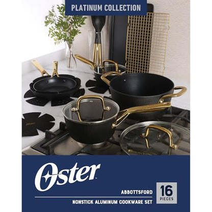 Oster Platinum Abbottsford 16 Piece Aluminum Pots and Pans PFA Free Ceramic Non stick Induction Kitchen Cookware Set - Black W/Gold