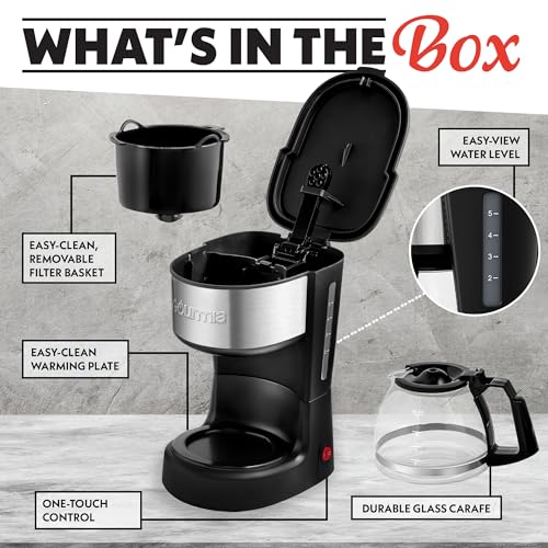 Gourmia 5 Cup One-Touch Drip Brew Coffee Maker – Pause and Serve, Automatic Keep Warm, Easy View Water Window, Compact, Stainless Steel Accents, Black
