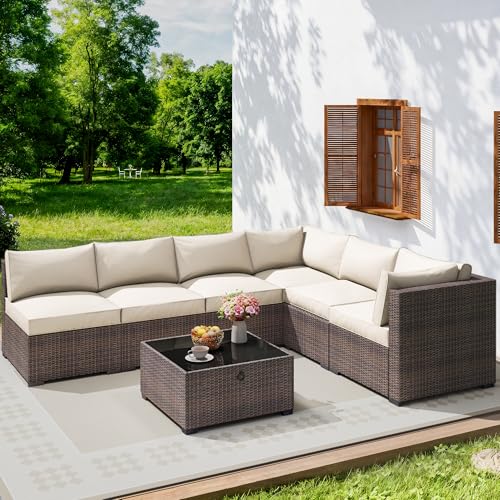 7 Piece Outdoor Patio Sectional Furniture Set, Modular Wicker Outdoor Couch