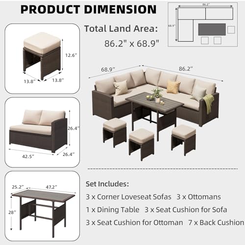 AECOJOY Outdoor Patio Furniture Set with Waterproof Cover, 7 Pieces Clearance Sectional Rattan Dining Table&Chairs, All Weather Wicker Conversation Sofa Couch, Khaki Cushions&Brown Rattan
