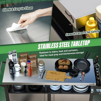 Stanbroil Rolling Outdoor Kitchen Island, BBQ Grill Cart with Stainless Steel Table Top, Double-Door Storage Cabinet & Pull-Out Shelf, Grill Table Cart for Outdoor Indoor, Large