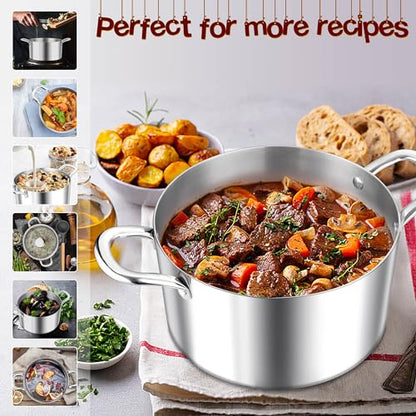 E-far 5 Quart Stock Pot with Lid, 18/10 Tri-ply Stainless Steel Stockpot for Induction Ceramic Gas Stoves, Heavy Duty Cooking Pot for Pasta Soup Stewing Simmering, Oven and Dishwasher Safe