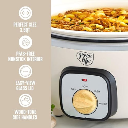 GreenLife 3.5QT Slow Cooker, PFAS-Free Non-Toxic Ceramic Nonstick Removable Interior Bowl, Programmable, Keep Warm, Stovetop & Oven Safe Pot, Dishwasher Safe Crock & Glass Lid, Cream