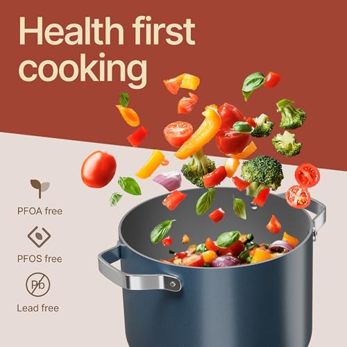 Bakken 5 Quart Ceramic Coated Stock Pot with Lid, Easy to Clean Nonstick Pot, Tempered Glass Lid, Riveted Stainless Steel Handles, Oven Safe Up To 500°F, PTFE & PFAS Free, All Stove Compatible, Blue