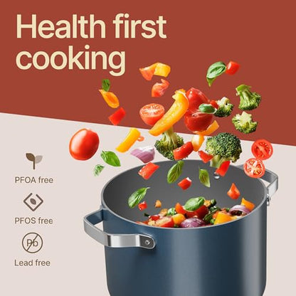 Bakken 5 Quart Ceramic Coated Stock Pot with Lid, Easy to Clean Nonstick Pot, Tempered Glass Lid, Riveted Stainless Steel Handles, Oven Safe Up To 500°F, PTFE & PFAS Free, All Stove Compatible, Blue