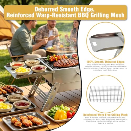 Zarkind Portable Tabletop Charcoal Grill, Foldable Stainless Steel Mini BBQ Grill with Carry Bag, Lightweight Small Camping Picnic Travel Tailgating Patio Grill