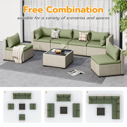 UDPATIO Outdoor Patio Furniture Set 7 Pcs Wicker Sectional Sofa Grass Green