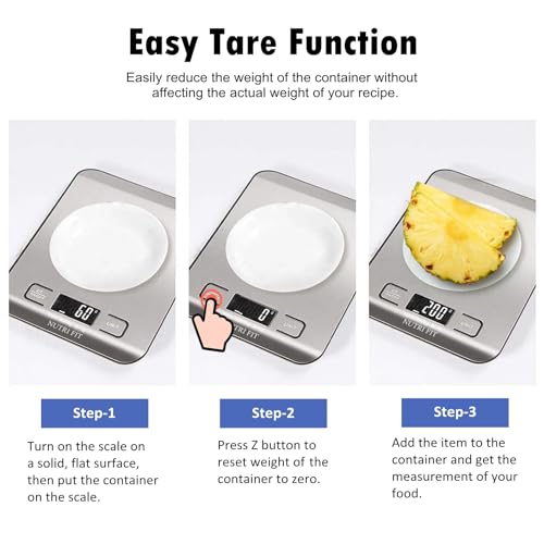 Food Scale, Kitchen Scales Digital Weight Food Grams and Ounces for Weight Loss Baking Cooking of NUTRI FIT, Max 11lb 1g Increment, Backlight LCD Smart Tare Stainless Steel, Easy to Use, AAA Battery