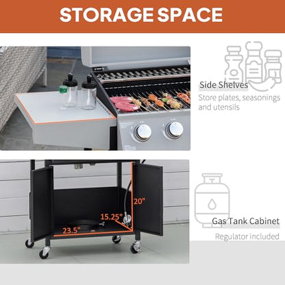 Outsunny 4 Burner Propane Gas Grill with Side Burner, 48,000 BTU Steel Outdoor Barbecue Grill with Cabinet, Shelf, Warming Rack, Thermometer, Wheels, Silver